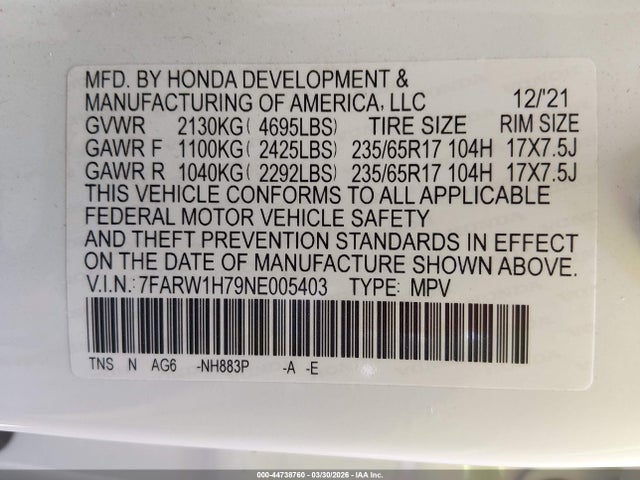 2022 Honda Cr-v 2wd Special Edition მანქანა იყიდება აუქციონზე, vin: 7FARW1H79NE005403, აუქციონის ნომერი: 44738760