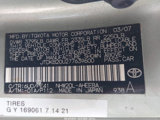 2007 TOYOTA PRIUS JTDKB20U277639600 Photo 8