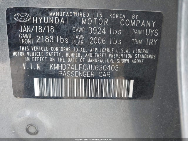 KMHD74LF0JU630403 Hyundai ELANTRA SE