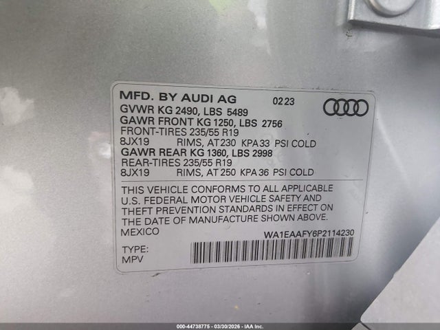 44738775 :رقم المزاد ، WA1EAAFY6P2114230 vin ، 2023 Audi Q5 Premium Plus 45 Tfsi S Line Quattro مزاد بيع