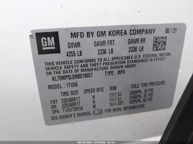 Продажа на аукционе авто 2022 Chevrolet Trailblazer Fwd Lt, vin: KL79MPSL8NB019657, номер лота: 44738805