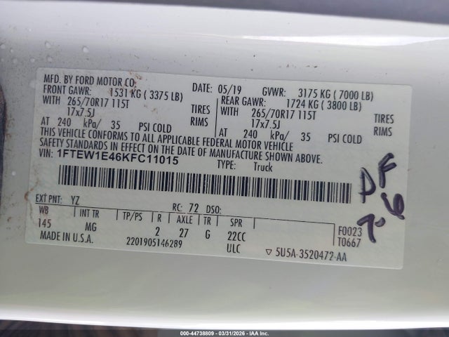 Aukcja sprzedaży 2019 Ford F-150 Xlt, vin: 1FTEW1E46KFC11015, numer aukcji: 44738809