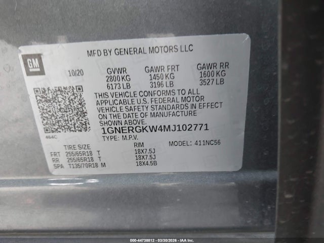 1GNERGKW4MJ102771 Chevrolet Traverse Fwd Lt Cloth