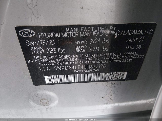 Aukcja sprzedaży 2020 Hyundai Elantra Sel, vin: 5NPD84LF4LH632198, numer aukcji: 44738820