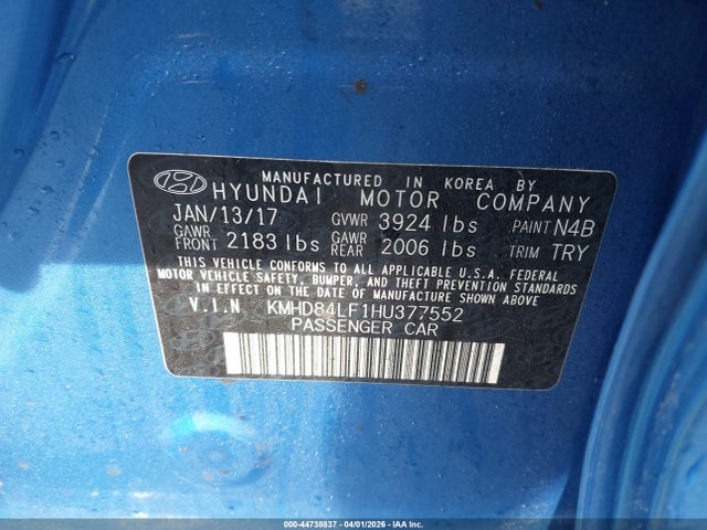 Продаж на аукціоні авто 2017 Hyundai Elantra Value Edition, vin: KMHD84LF1HU377552, номер лоту: 44738837