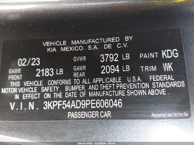44738838 :رقم المزاد ، 3KPF54AD9PE606046 vin ، 2023 Kia Forte Gt-line مزاد بيع
