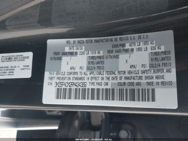 Продаж на аукціоні авто 2024 Mazda Mazda3 2.5 S Preferred, vin: 3MZBPACM2RM424389, номер лоту: 44738861