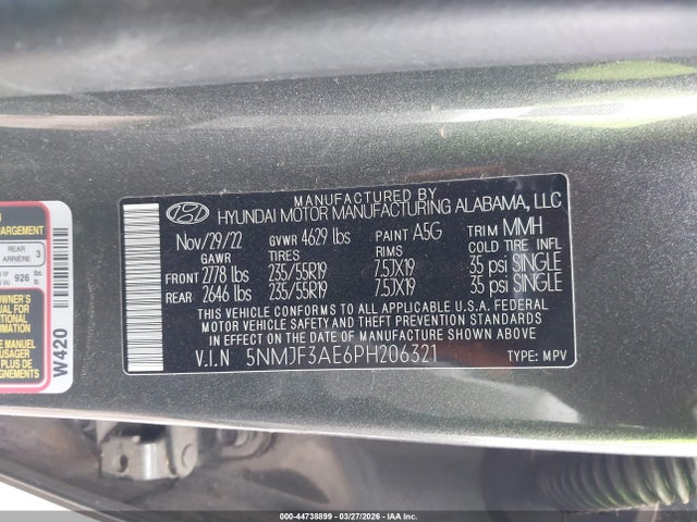 Aukcja sprzedaży 2023 Hyundai Tucson Sel, vin: 5NMJF3AE6PH206321, numer aukcji: 44738899