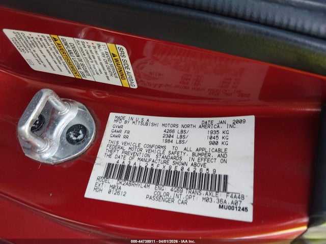 2009 Mitsubishi Eclipse Spyder Gs მანქანა იყიდება აუქციონზე, vin: 4A3AL25FX9E042659, აუქციონის ნომერი: 44738911