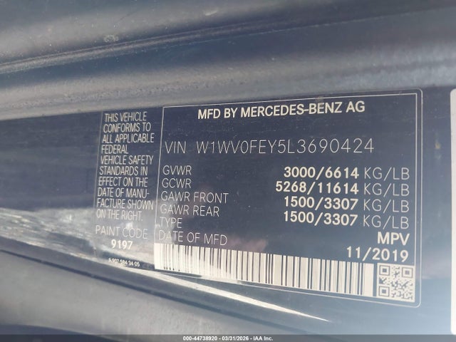 Продажа на аукционе авто 2020 Mercedes-benz Metris, vin: W1WV0FEY5L3690424, номер лота: 44738920