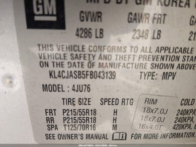 44738933 :رقم المزاد ، KL4CJASB5FB043139 vin ، 2015 Buick Encore مزاد بيع