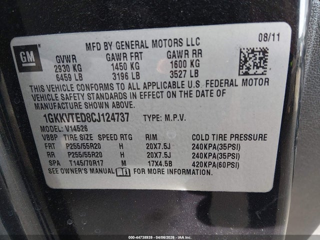 Aukcja sprzedaży 2012 Gmc Acadia Denali, vin: 1GKKVTED8CJ124737, numer aukcji: 44738939