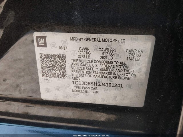 Aukcja sprzedaży 2018 Chevrolet Sonic Lt Auto, vin: 1G1JD5SH5J4101241, numer aukcji: 44738943