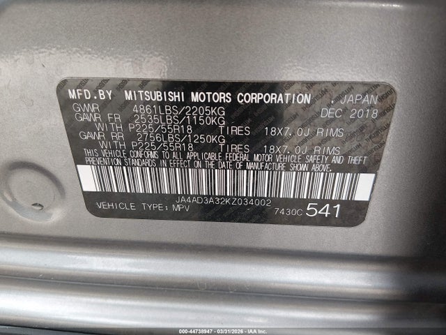 Продаж на аукціоні авто 2019 Mitsubishi Outlander Se, vin: JA4AD3A32KZ034002, номер лоту: 44738947