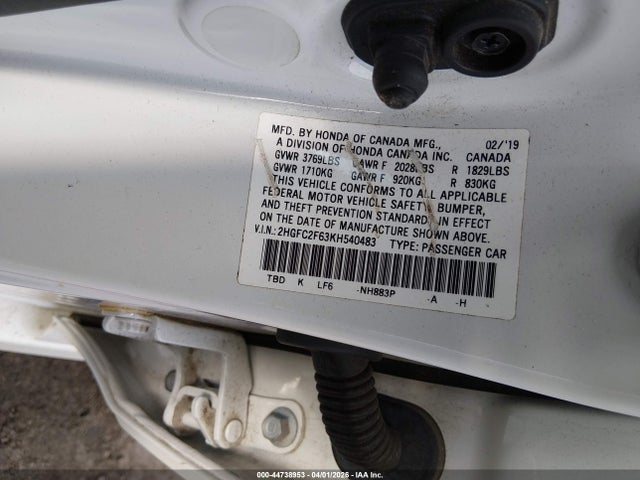 44738953 :رقم المزاد ، 2HGFC2F63KH540483 vin ، 2019 Honda Civic Lx مزاد بيع