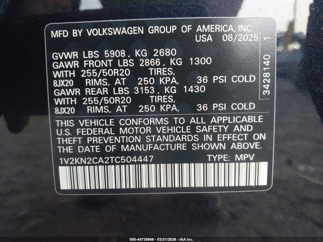 44738966 :رقم المزاد ، 1V2KN2CA2TC504447 vin ، 2026 Volkswagen Atlas Se With Technology مزاد بيع