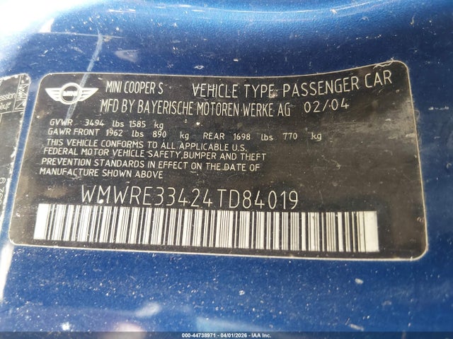 2004 MINI COOPER S WMWRE33424TD84019 Photo 8