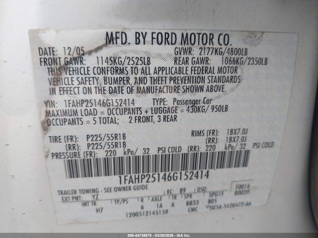 2006 FORD FIVE HUNDRED 1FAHP25146G152414 Photo 8