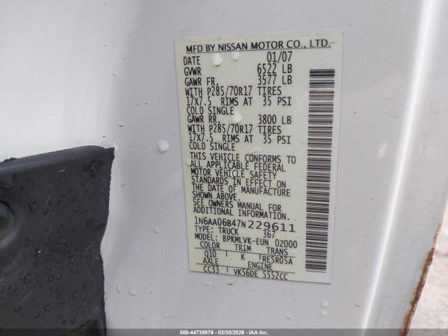 44738976 :رقم المزاد ، 1N6AA06B47N229611 vin ، 2007 Nissan Titan Le مزاد بيع