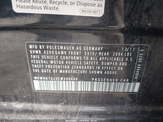2012 Volkswagen Gti 4-door Autobahn მანქანა იყიდება აუქციონზე, vin: WVWHD7AJ2CW200600, აუქციონის ნომერი: 44738977