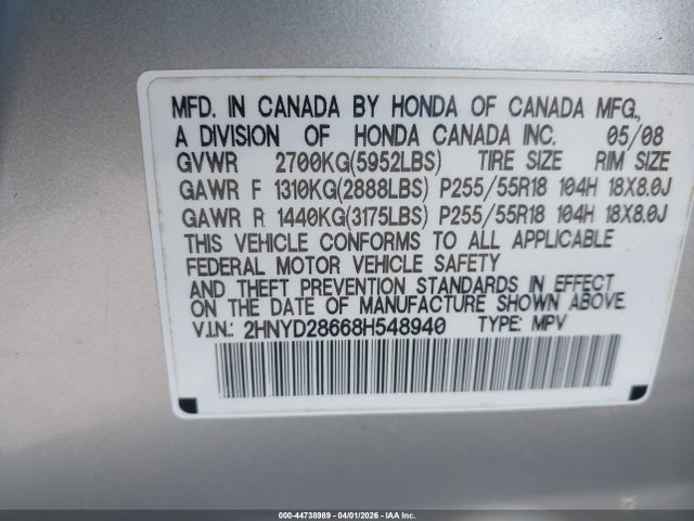 44738989 :رقم المزاد ، 2HNYD28668H548940 vin ، 2008 Acura Mdx Technology Package مزاد بيع