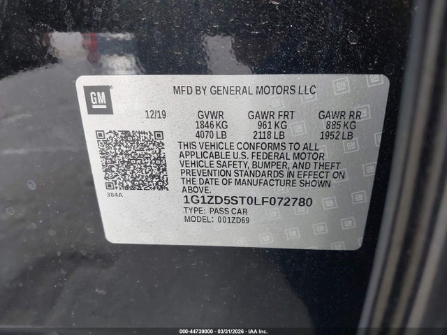 Продаж на аукціоні авто 2020 Chevrolet Malibu Fwd Lt, vin: 1G1ZD5ST0LF072780, номер лоту: 44739000