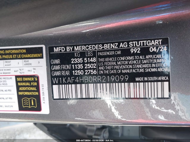 Продажа на аукционе авто 2024 Mercedes-benz C 300, vin: W1KAF4HB0RR219099, номер лота: 44739004