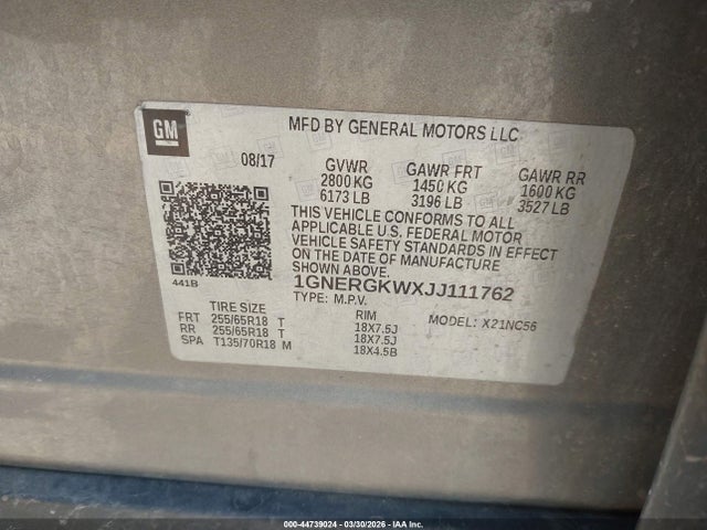 2018 Chevrolet Traverse 1lt მანქანა იყიდება აუქციონზე, vin: 1GNERGKWXJJ111762, აუქციონის ნომერი: 44739024