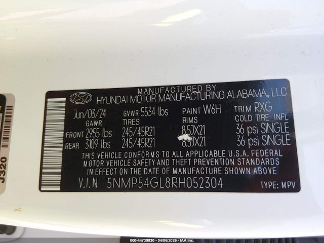 44739030 :رقم المزاد ، 5NMP54GL8RH052304 vin ، 2024 Hyundai Santa Fe Calligraphy مزاد بيع