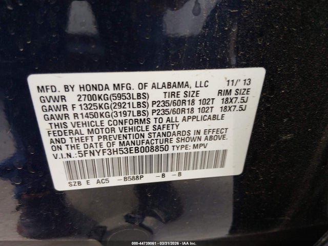 Honda Pilot Ex-l 2014 5FNYF3H53EB008850 Image 9