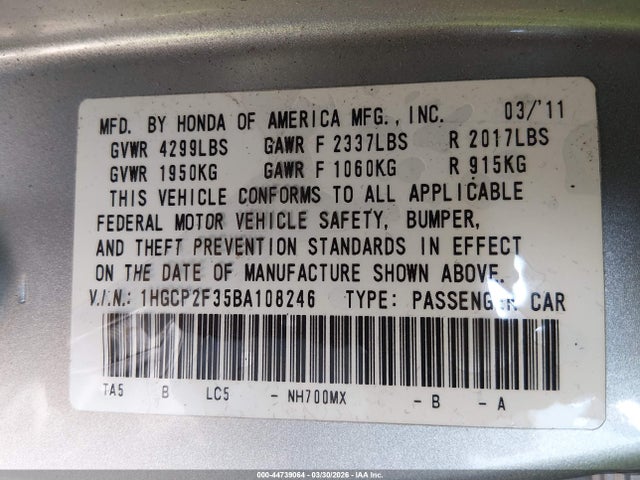 Продажа на аукционе авто 2011 Honda Accord 2.4 Lx, vin: 1HGCP2F35BA108246, номер лота: 44739064