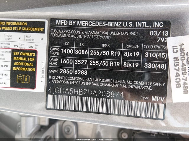 Продаж на аукціоні авто 2013 Mercedes-benz Ml 350 4matic, vin: 4JGDA5HB7DA208874, номер лоту: 44739068