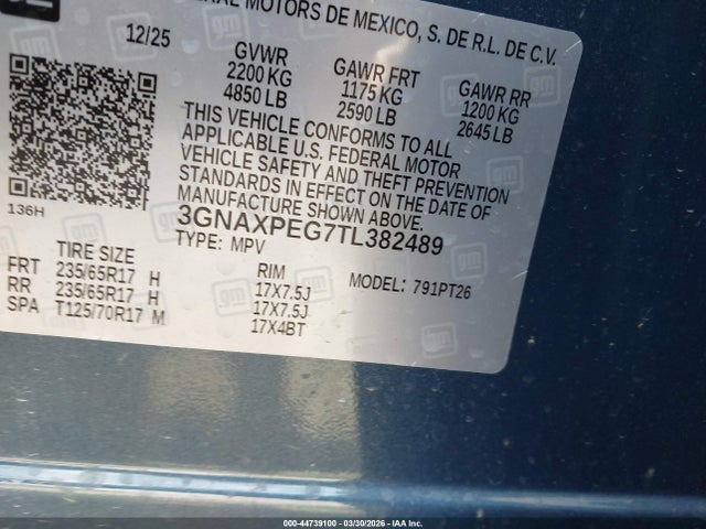 Продажа на аукционе авто 2026 Chevrolet Equinox Awd Lt, vin: 3GNAXPEG7TL382489, номер лота: 44739100