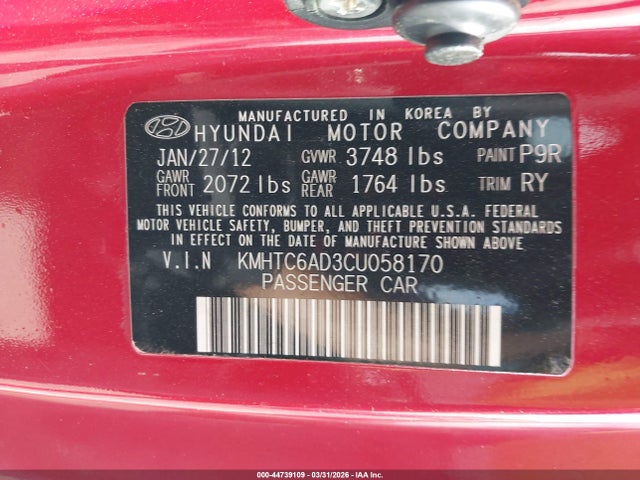 Продаж на аукціоні авто 2012 Hyundai Veloster Base W/red/black, vin: KMHTC6AD3CU058170, номер лоту: 44739109