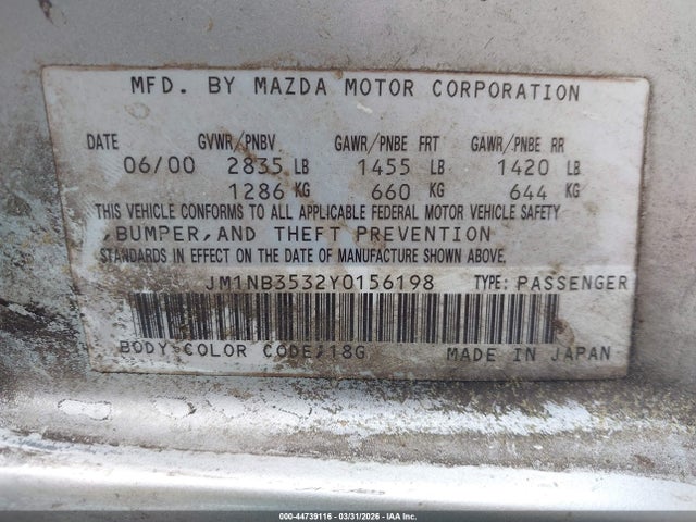 44739116 :رقم المزاد ، JM1NB3532Y0156198 vin ، 2000 Mazda Mx-5 Miata مزاد بيع
