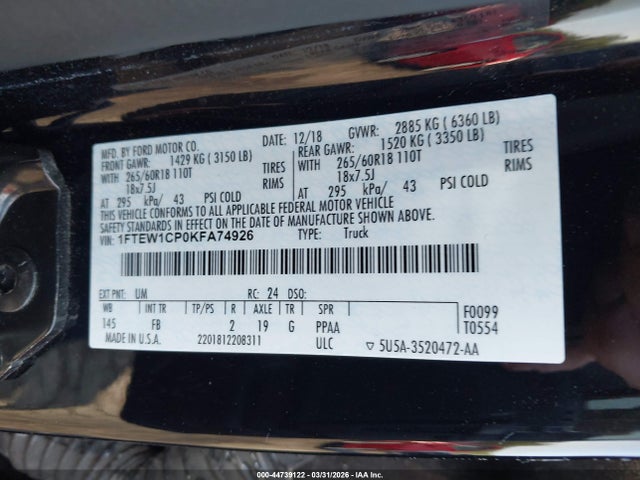 Продажа на аукционе авто 2019 Ford F-150 Xlt, vin: 1FTEW1CP0KFA74926, номер лота: 44739122