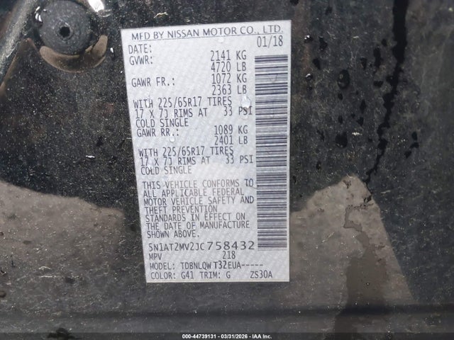 44739131 :رقم المزاد ، 5N1AT2MV2JC758432 vin ، 2018 Nissan Rogue Sv مزاد بيع