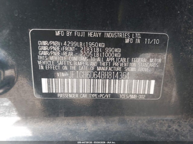 44739138 :رقم المزاد ، JF1GH6D64BH814364 vin ، 2011 Subaru Impreza Outback Sport مزاد بيع