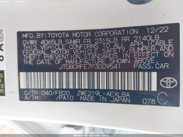 Aukcja sprzedaży 2023 Toyota Corolla Hybrid Le, vin: JTDBCMFE7P3009541, numer aukcji: 44739146