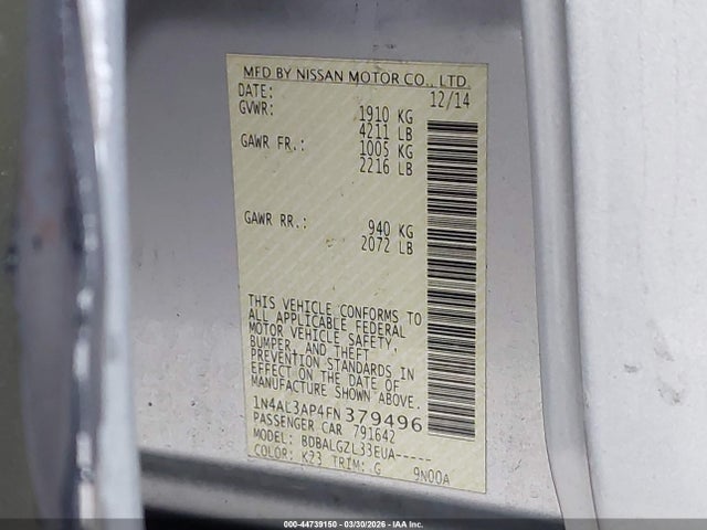 1N4AL3AP4FN379496 Nissan Altima 2.5/2.5 S/2.5 Sl/2.5 Sv