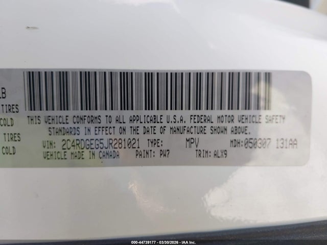 Продаж на аукціоні авто 2018 Dodge Grand Caravan Gt, vin: 2C4RDGEG5JR281021, номер лоту: 44739177