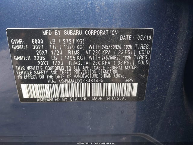 Aukcja sprzedaży 2019 Subaru Ascent Limited, vin: 4S4WMALD2K3481465, numer aukcji: 44739179