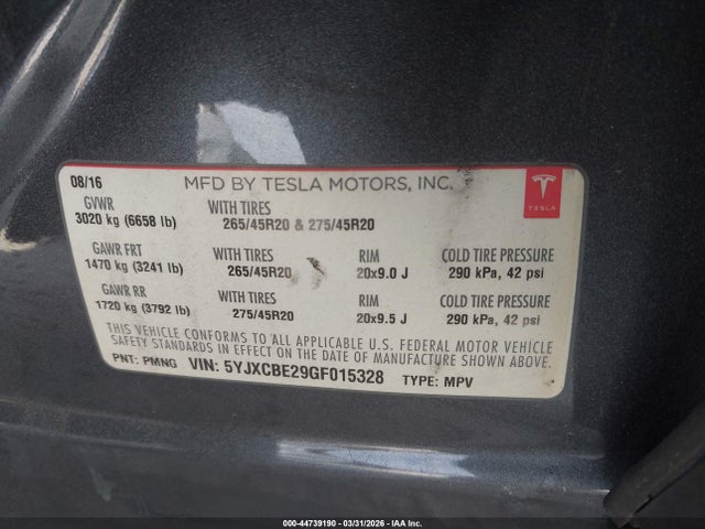 Продаж на аукціоні авто 2016 Tesla Model X 60d/70d/75d/90d/p100d, vin: 5YJXCBE29GF015328, номер лоту: 44739190