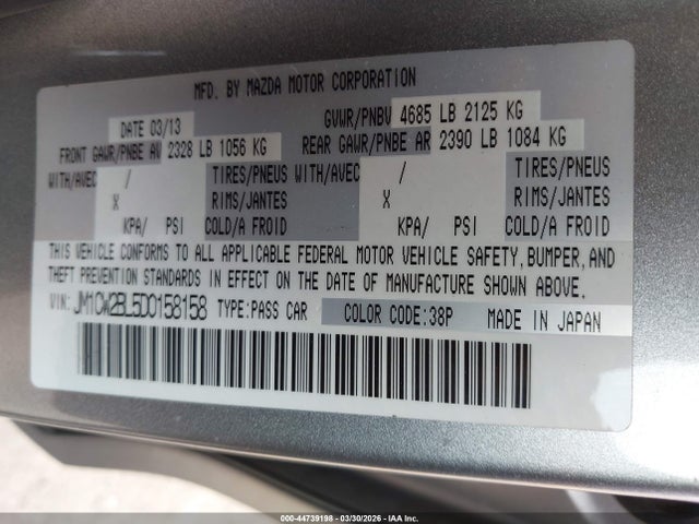 44739198 :رقم المزاد ، JM1CW2BL5D0158158 vin ، 2013 Mazda Mazda5 Sport مزاد بيع