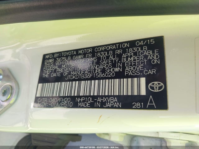 JTDKDTB36F1586020 Toyota Prius C One