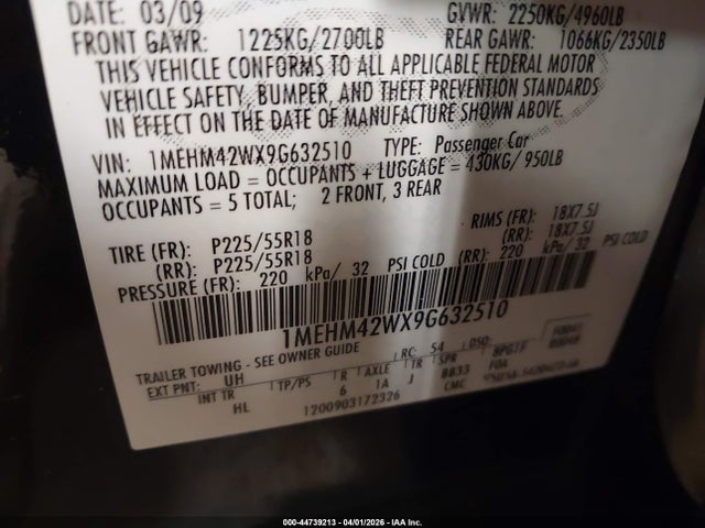 Продаж на аукціоні авто 2009 Mercury Sable Premier, vin: 1MEHM42WX9G632510, номер лоту: 44739213
