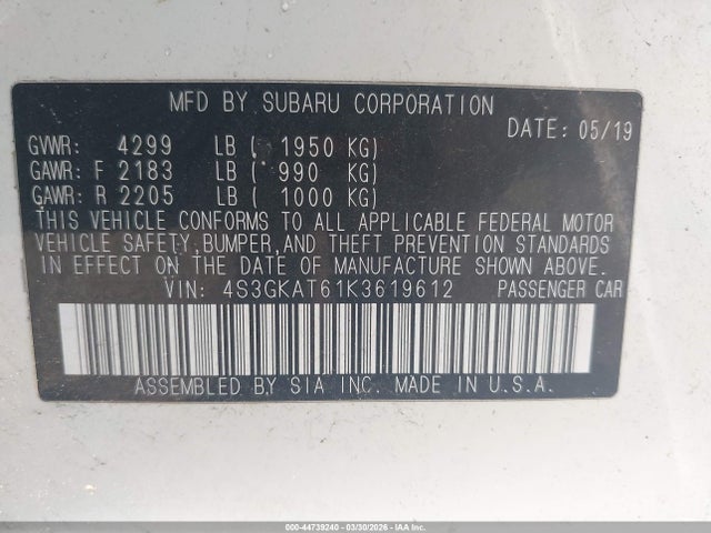 Aukcja sprzedaży 2019 Subaru Impreza 2.0i Limited, vin: 4S3GKAT61K3619612, numer aukcji: 44739240