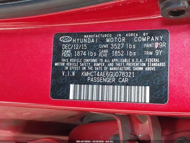 Продажа на аукционе авто 2016 Hyundai Accent Se, vin: KMHCT4AE6GU078321, номер лота: 44739264
