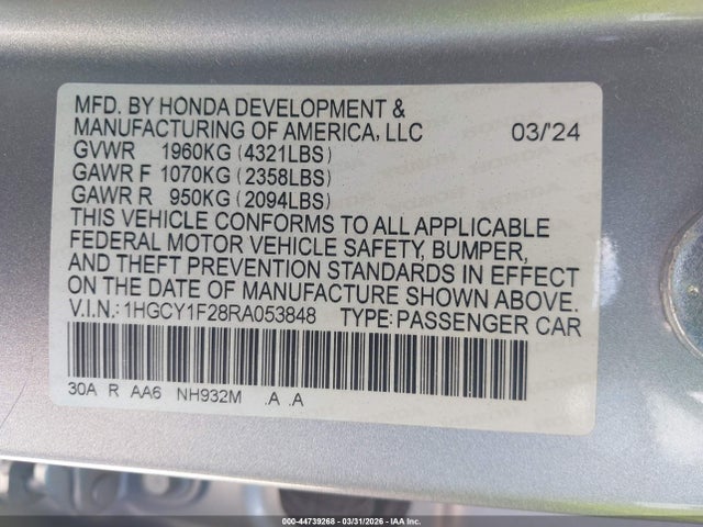 1HGCY1F28RA053848 Honda ACCORD LX