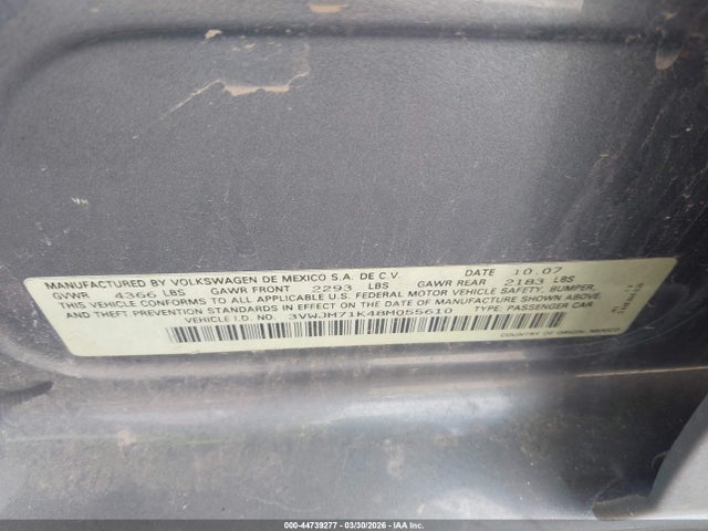 2008 Volkswagen Jetta S მანქანა იყიდება აუქციონზე, vin: 3VWJM71K48M055610, აუქციონის ნომერი: 44739277